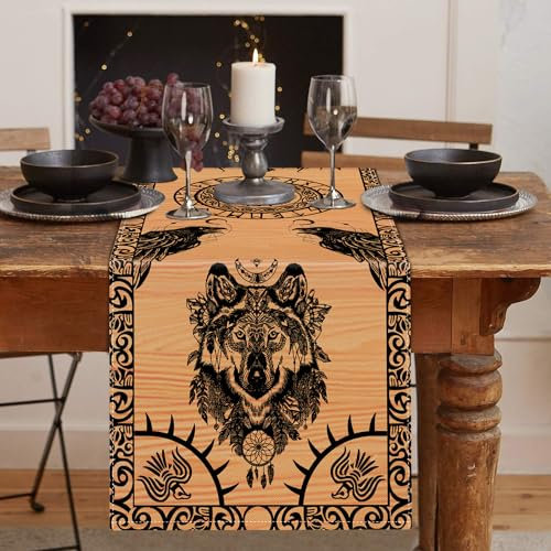 Tischläufer Leinen Wikinger Tischläufer Rechteckige Wolf Odin Raben Tischdecke Nordischen Mythologie Wasserabweisend, Tischläufer Für Esszimmer Party Urlaub Dekoration (33 X 183 cm)