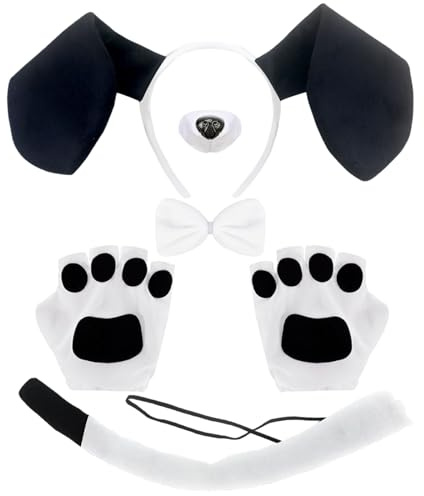 XNIVUIS 5 Stück Schwarzer und weißer Welpe Hundekostüm Set,Hundeohren Stirnband Handschuhe Fliege Nase Schwanz,für Kinder Halloween Rollenspiele Halloween