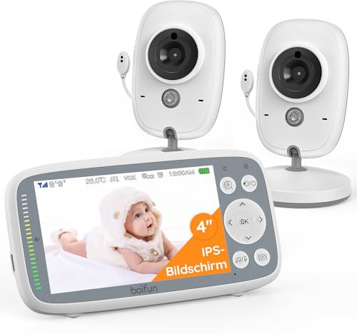 BOIFUN Babyphone mit 2 Kameras, VOX Nachtsicht Babyfon, Temperaturüberwachung, Gegensprechfunktion Video Überwachung mit 4 Zoll Digital IPS Bildschirm Wireless, Two-Way Audio, Wiegenlieder…