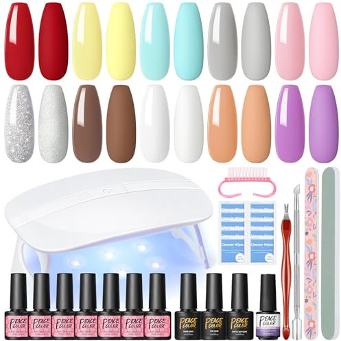 Peacecolor Kit Uñas de Gel, 14PCS Pintauñas Semipermanentes con Base Top y Mate Coat, Set Esmalte de Uñas Semipermanentes con Removedor de Uñas Regalos Principiantes
