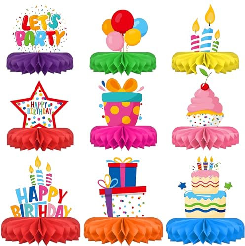 9 Stück Geburtstag Dekoration,Bienenwaben Deko Papier Tischdekoration Geburtstag Farbig Happy Birthday Tisch Ornamente Party Zubehör für Männer Frauen Geburtstag Party Tischaufsätze