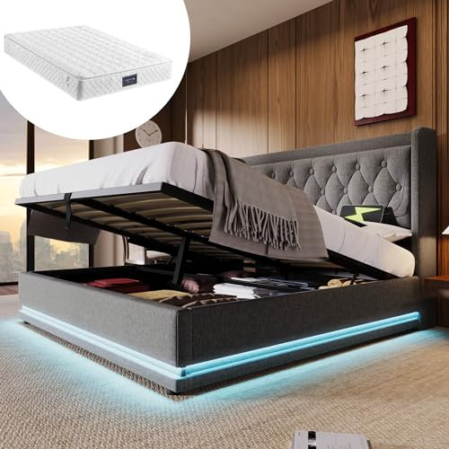 Polsterbett Mit Matratze 140x200 cm, LED Doppelbett mit Stauraum und Lattenrost, Kopfteil mit USB Typ C Ladefunktion, Hydraulisch Stauraumbett Funktionsbett Jugendbett Rückenlehne Bettgestell, Grau