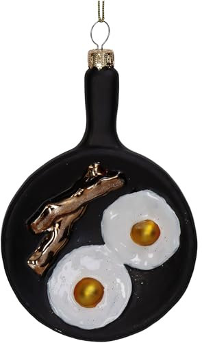 Christbaumschmuck 11,7cm Glas - Pfanne mit Spiegelei Figur zum Aufhängen - handbemalt & mit Glitzer - Weihnachtsbaum Anhänger für Weihnachten - Christbaumanhänger & Weihnachtsbaumschmuck - Schwarz