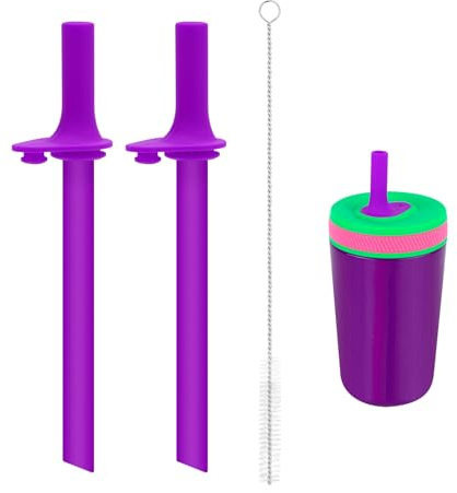 2pcs Replacement Straws with Bite Valve for Zak, BPA-Free Flexible Silicone Straw Replacement with Cleaning Brush Compatible with Zak Designs Kelso 15oz Water Bottle Accessories Parts(Purple)