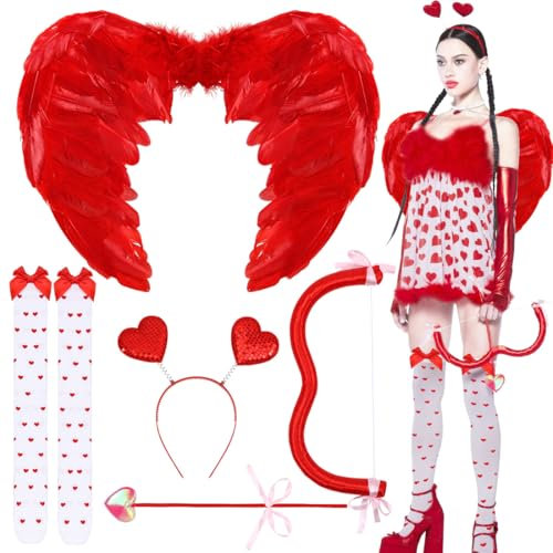 Amor Kostüm Valentinstag, Engelsflügel Kostüm Damen, Romantische Cupid Kostüm mit Bogen Pfeil, Haarreif, Rote Federflügel und Kniestrümpfe, für Mädchen Damen Valentinstag Karneval Mottoparty Cosplay