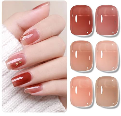 Shining She UV Nagellack Nude Jelly, 6 Farben Natur Naturfarbe Nude Rosa Hautfarbe Hellrot Transparent Gellack Set Soak-Off UV Gel Nagellack für Anfänger DIY Nail Art Salon, 8ml