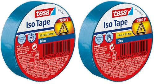 tesa Isolierband - Selbstklebendes Isolierband, hitzebeständig - Zum Isolieren, Reparieren und Bündeln - 10 m - BLAU (Packung mit 2)