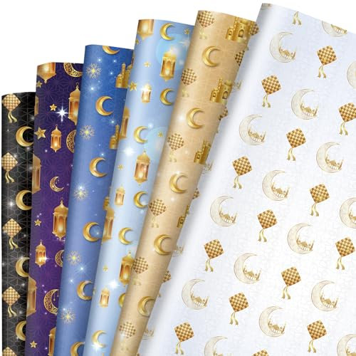 FYSUIMU Eid Mubarak Geschenkpapier, keine Rolle, 6 Farben, Geschenkpapier, flach gefaltet, goldfarben, Moschee, Mond, Stern, Bastelpapier für Ramadan, muslimische Partyzubehör, 50 x 70 cm, 12 Bögen