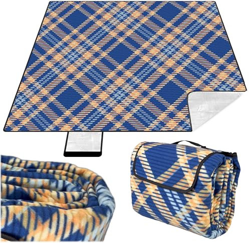 KRUMAD Picknickdecke Wasserdicht, XXL 200x200 cm, Outdoor Decke Gepolstert, Sandfrei, Camping Decke für Strand, Garten & Park, Faltbar mit Tragegriff, Leicht & Bequem (Marineblau-Orange)