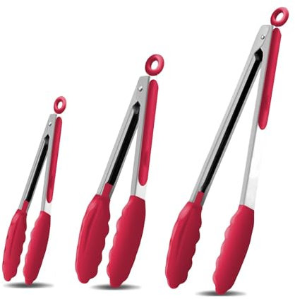 AMZDIAI Kitchen Tongs with Silicone Tips,Tongs for Cooking Heat Resistant 600 Degrees Stainless Steel Locking Tongs,Red Set of 3-7, 9 and 12