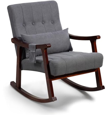 EROMMY Schaukelstuhl, Schaukelsessel mit Lendenkissen & Seitentasche, Gepolsterter Relaxsessel mit Holzgestell, Schwingsessel für Wohnzimmer, Schlafzimmer，Dunkelgrau