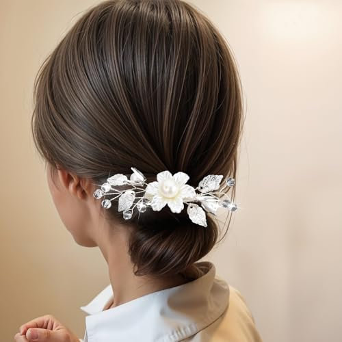 Haarklammern Klein 3 Stück Weiß Blumen Haarspangen Mädchen Hochzeit Perlen Haarschmuck Brautschmuck Haare Florale Perlenclips Blatt Haarspange für Frauen Braut Brautjungfer