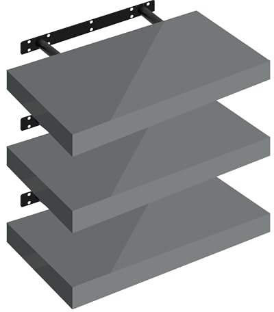WOLTU Étagères Murales,Tablette Murale de Lot de 3,Étagère Flottante,Étagère à Livres,CD DVD,Panneau de Bois,40x22,9x3,8cm,Gris Brillant,RG9476gr-3