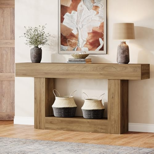 Tribesigns Konsolentisch, 160 cm lang, 2-stöckiger Eingangstisch, Sofatisch mit Stauraum, Bauernhaus-Holz hinter Couchtisch für Wohnzimmer, Flur (Hellbraun)