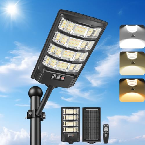 PEAKRO Lampione Solare Led Esterno, 6000K Bianca e 3000K Calda Faro Stradale Esterno Impermeabile con Pannello Solare e Sensore di Movimento, Lampioni da Giardino con Telecomando per Strada Parcheggio