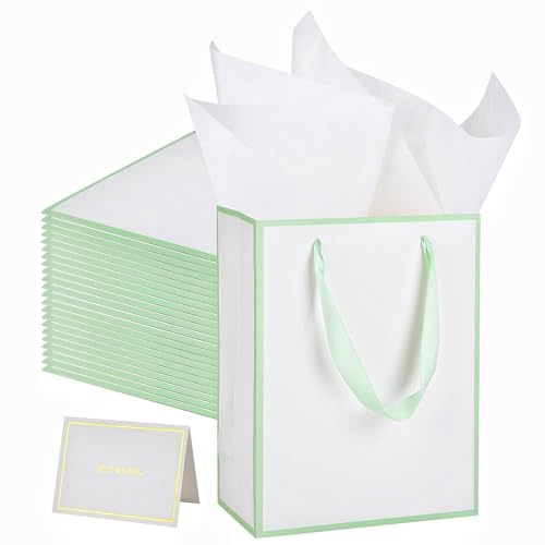 UoeRing 25 Pack Thank You Gift Bags with Handles 9.5x7.5x3.75 inch Gift Bags Medium Size Gift Bag with Tissue Paper and Card for Wedding Birthday Bridesmaid Holidays Mother's Day (White Green)