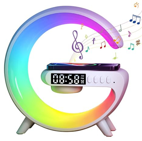 Kouamor 4 in 1 Led Wireless Charger Lamp, G Shaped Lamp,10w Fast Charging, 6 Lights Modes USB Rechargeable Bluetooth Speaker, Alarm Clock Phone Charger, Gifts for Boys Girls Friends (White)
