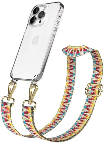 EAZY CASE Handykette - Verstellbares Taschenband kompatibel mit iPhone 14 Pro, Schulterriemen, Handykordel mit Silikon Hülle, Umhängetasche, Regenbogen Gold