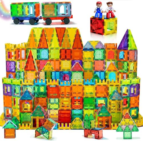 Jvshazup 200PCS Magnetic Tiles Toys for Kids with 2 Magnetic Figure & 2 Car | Building Blocks STEM Magnet Building Set Preschool Montessori Toys for Kids Ages 3 4 5 6 7 8 Years Old Boys and Girls Gifts