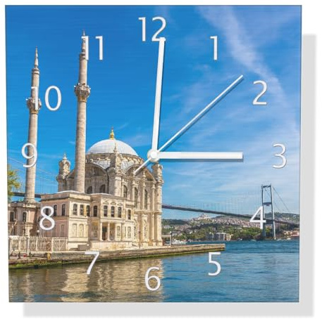 Wallario Design Wanduhr Moschee am Bosporus aus Aluverbund, Alu-Uhr Größe 30 x 30 cm, weiße Zeiger mit Metalloptik