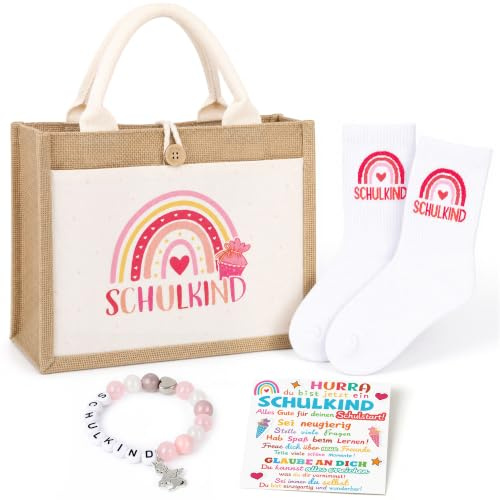 EcoUtens Einschulung Geschenk Mädchen 2026 – Schulkind Geschenkset mit Jutetasche, Armband, Socken & Karte, Einschulungsgeschenke Mädchen, Schultüte Füllung