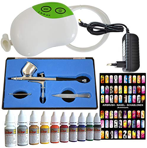Airbrush Kompressor Set - Mini Carry III - mit Airbrush Nail Farben/Schablonen-Set, Airbrushpistole Single-Action-Gun AB-207 mit 3mm Düse/Nadel für Nail Art Nail-Airbrush
