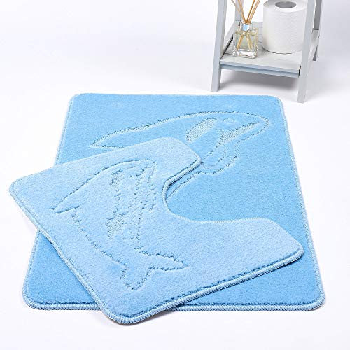 NIGHTZONE Dolphin Bath Mat Set 2 Piece Non Slip Pedestal and Bath Mat Set Toilet Bathroom Rug (Sky Blue)