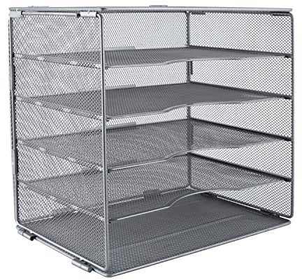 EasyPAG Desktop 5 Tier A4 Mesh in Tray Office Desk Tidy File Holder Magazine Organiser Paper Storage Rack,Silver