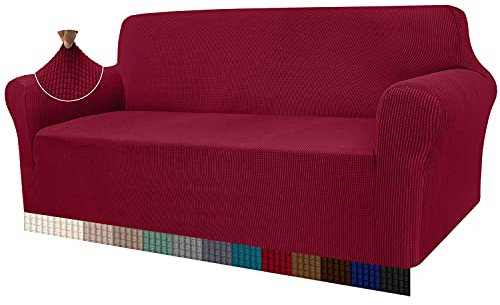 Granbest High Stretch Sofabezug Moderne Sofaüberwurf Jacquard Elastische Sofahusse für Wohnzimmer Protector für Hunde Haustiere (3 Sitzer, Weinrot)