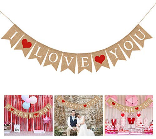 YJZQ Herz Wimpelkette Leinen Wimpel I Love You Girlande Vintage Wimpelkette Hochzeit Deko Farbenfroh Wimpeln für Geburtstag Party Dekoration