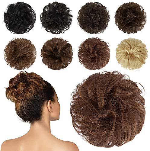 FESHFEN 100% Echthaar Haarteil Dutt Haargummi, Wellig Lockige Haarknoten Haargummi Haarverlängerungen Hochsteckfrisuren Echthaar Haarteil für Damen Mädchen Auburn