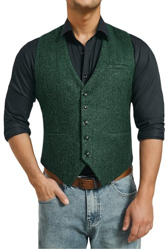 HISDERN Tweed Weste Herren Grüne Vintage Anzug westen für Herren Casual Wolle Herringbone Anzugsweste für Business Hochzeit M