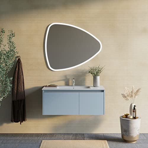 Kiamami Valentina Mueble de baño suspendido con Lavabo 100cm Azul Mate, Espejo con LED | Monaco
