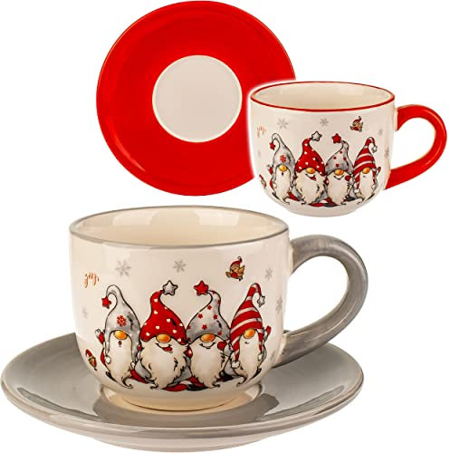 alles-meine.de GmbH Weihnachtsgeschirr Verschiedene Artikel frei wählbar 2 TLG. Set 3D Effekt Henkeltassen lustige Wichtel & Zwerge groß - 250 ml - Porzellan Tassen -..
