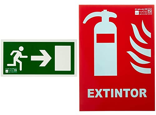 Astlight SAL5215.7F Señal de evacuación direccional fotoluminiscente, Multicolor + INC4065.GFJ Señal de extintor fotoluminiscente, Multicolor