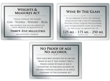 Weights & Measures Act 35ml Sign Wine by the Glass 125ml 175ml 250ml - Pack of 3 Signs