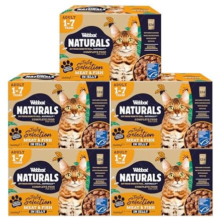 Webbox Naturals Complete Adult Wet Cat Food, 60 x Meat & Fish in Jelly Variety Pack - Made with Natural Ingredients and No Nasties (60 x 100g Pouches)