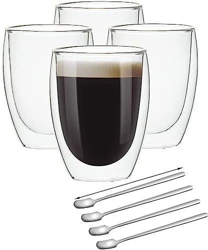 Vkzylife Latte Macchiato Gläser Doppelwandige Gläser aus Borosilikatglas Set aus Borosilikatglas,Cappuccino Kaffeetassen 350 ml + Löffel (4 pcs)