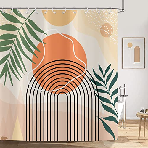 ASDCXZ Boho Style Duschvorhang Modern Abstrakt Kunst Boho Grün Palme Blätter Sonne Linie Bogen Beige Waschbar Duschvorhänge Textil Wasserdicht Duschvorhang für Badewanne mit 12 Haken, 180x200 cm