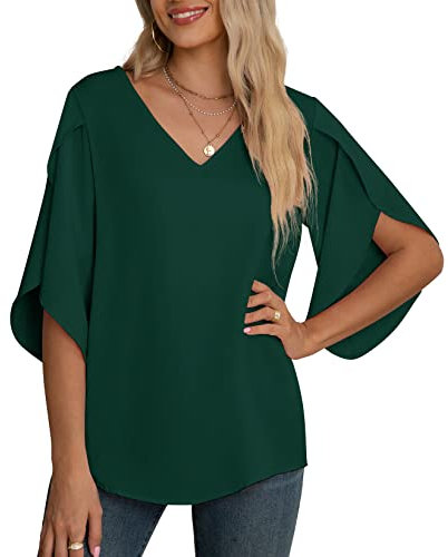 Yommay Chemisier d'été en mousseline de soie pour femme - Élégant et décontracté - Manches 3/4 - Col en V, vert foncé, XXL
