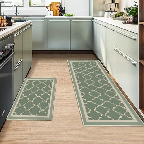 MIQEBX 2 Pcs Kitchen Rugs and Mats,Anti Fatigue Floor Mats Washable Non Slip Kitchen Runner for Office Sink Laundry,Green plaid