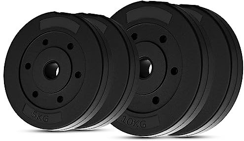 wuuhoo® Piastre per Pesi in Cemento Mike 30mm, Set 20kg - 30kg, rivestite in Nero, 1,25, 2,5, 5, 10 kg, Piastre per Pesi per bilancieri in plastica, Fitness a casa - Set 3-30kg