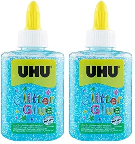 UHU Glitter Glue - Idéale loisir créatif, formule adaptée pour les enfants, lavable, bleu, bouteille de 88,5ml (Lot de 2)