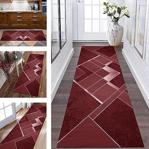 Teppich Läufer Lang Flur Küche rutschfest waschbar Küchenläufer Polyester 40X200CM Korridor Teppichläufer Rot Geometrisch Schlafzimmer Wohnzimmer Küchenteppich Meterware Teppichmatten Flurläufer