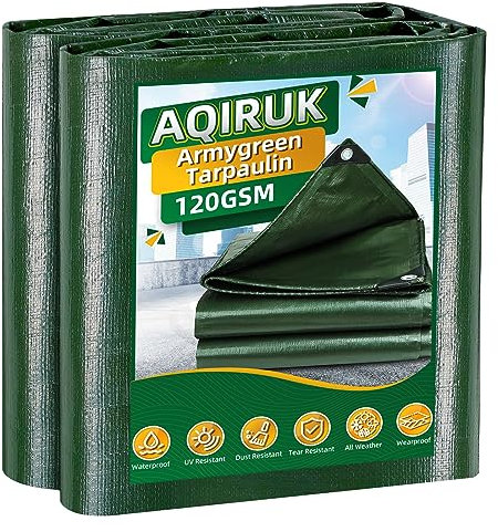 AQIRUK Abdeckplane, wasserdicht, schwer, 3,8 m x 6 m (fertige Größe), 120 g/m², hohe Haltbarkeit, Ösen, Abstand von 50 cm