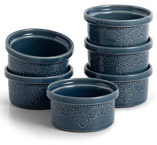 FUN ELEMENTS FE Ceramic Ramekins, Souffle Dishes, Lace Embossed Creme Brulee Dishes, 240 ml for Soufflé, Cupcakes and Pudding, Set of 6, Blue