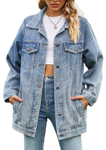 Sukany Women's Casual Denim Jacket Oversized Button Up Turn Down Collar Loose Long Sleeve Mid Long Coat Blue L
