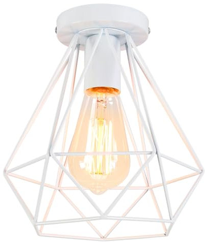 iDEGU Vintage-Deckenleuchte, Ø 200 mm, Metall, Käfig, Industrielle Hängeleuchte, Diamantform, Retro, E27, Deckenleuchte, für Schlafzimmer, Café, Bar, Gastronomie, Küche (weiß)