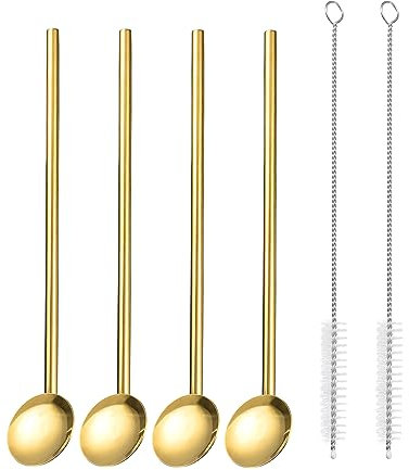 QUARKZMAN Inox Acier Pailles Cuillères, 4pcs 7.7 Réutilisable Métal Boire Paille Cuillère avec Nettoyage Brosses pour Milkshake Boissons Cocktail, Or
