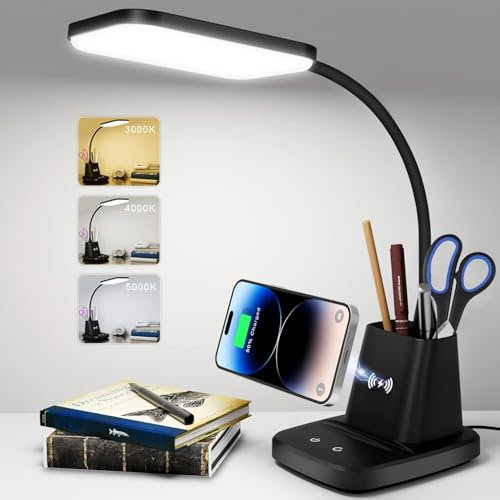 hansang Desk Lamp, LED Desk Lamps for Home Office, Wireless Charger Small Desk Lamp with Pen Holder, 3 Color Modes, Dimmable, CRI 85, 800 LM, Study Lamp for College Dorm Room, Adapter Included, Black